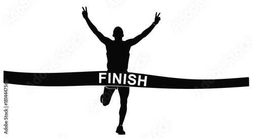Runner crossing finish line with arms raised in victory silhouette isolated on white background