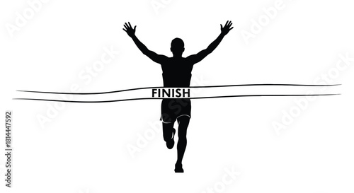 Runner crossing the finish line with arms raised in victory silhouette isolated on white background