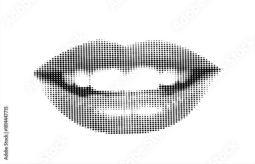 Smiling mouth or lips sticker with black white dotted effect. Dotted texture retro halftone collage torn out element pop art style object. Vector	