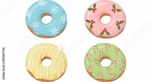Four festive donuts with christmas themed decorations and colorful icing on a white background