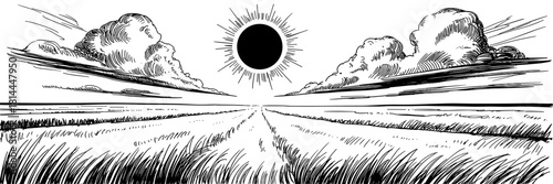 a solar eclipse above a vast field with clouds and bold horizon lines, creating a dramatic atmosphere.