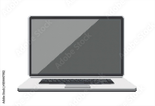 Laptop with black white dotted effect. Dotted texture retro halftone collage torn out element pop art style object. Vector	