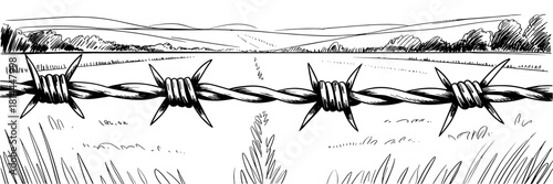 barbed wire stretched across a grassy field with distant hills and trees in the background.