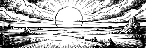 a large rising sun illuminating a vast open plain with rocks, clouds, and dramatic light rays.