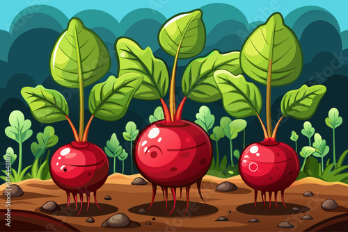 Deep red beetroots showing rounded tops above rich dark soil with leafy stems