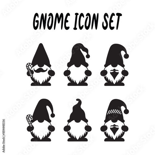 Set of Charming Gnome Icon Silhouettes in Black and White Vector Format Perfect for Holiday and Winter Designs Use these cute gnomes to add a touch of whimsy and fantasy to your projects