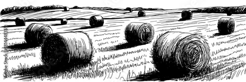 large round hay bales arranged across an open harvested field with distant tree lines and rolling farmland.