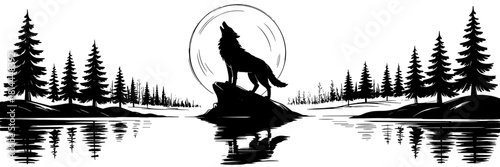 Dramatic illustration of a howling wolf standing on a rock by a calm lake, surrounded by pine trees with a glowing moon behind.