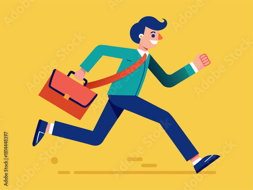 Young office worker rushing quickly to important meeting. Flat vector illustration