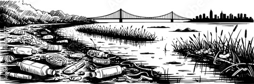 a trash-covered shoreline with plastic waste, a bridge, and a distant city skyline highlighting urban pollution.