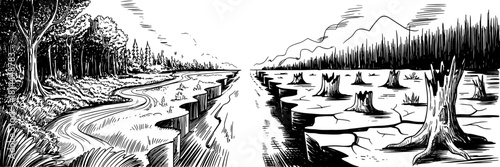 a healthy forest with a flowing river on one side and barren land with tree stumps on the other, emphasizing environmental impact.