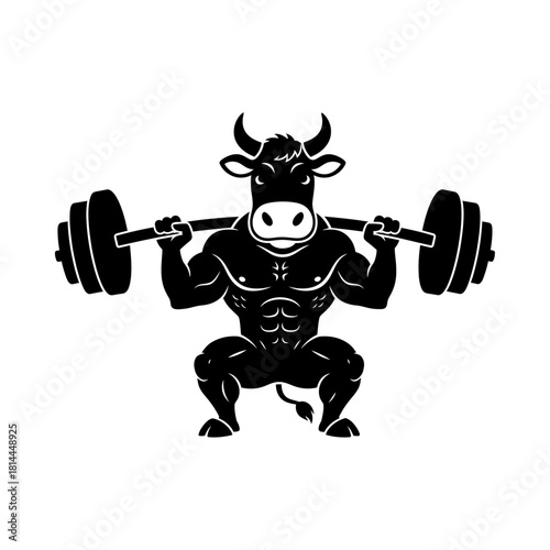 Strong Bull Cow Powerlifter Squatting with Barbell Vector