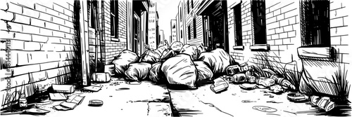 alley filled with garbage bags, debris, and litter, depicting urban decay, neglect, and a gritty street environment.