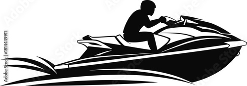 Silhouette of person riding a jet ski on water watercraft, jet ski, watercraft, silhouette, person, riding, water sport, recreation, speed, action, dynamic, movement, splash, wave, summer, vacation, l