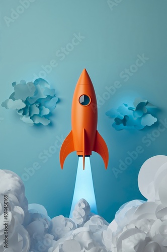 Colorful Rocket Launching Into the Sky Above Clouds in a Vibrant Setting