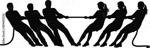 Silhouettes of people playing tug of war competition, tug of war, competition, sport, strength, teamwork, struggle, effort, power, challenge, game, outdoor activity, group, people, silhouette, black a
