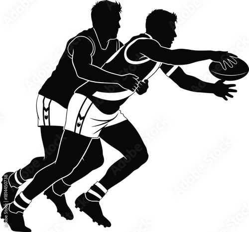 Two male athletes in silhouette playing Australian rules football, australian rules football, afl, sport, athletes, players, men, male, silhouette, action, game, competition, team, sport equipment, ba