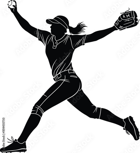 Silhouette of a female softball pitcher throwing a ball, softball, pitcher, female, woman, athlete, sport, game, action, throwing, ball, glove, uniform, cap, ponytail, motion, dynamic, silhouette, bla