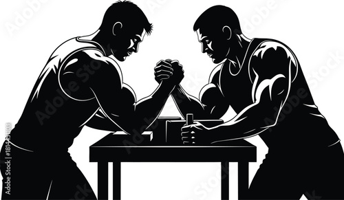 Two men arm wrestling in silhouette strength competition, arm wrestling, strength, competition, two men, silhouette, black and white, wrestling, sport, power, grip, hands, table, contest, muscular, ar