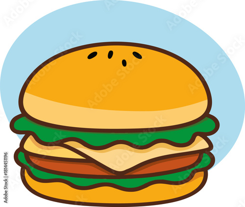 Beautiful American fast food. Meat, vegetables, cheese, bun. Unhealthy snacks, cutlet, lettuce. Flat vector illustration isolated on white background.