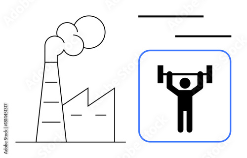 Factory with smoke and weightlifter icon create a juxtaposition of industry and individual power. Ideal for themes such as sustainability, health, energy, economy, productivity, balance, and growth