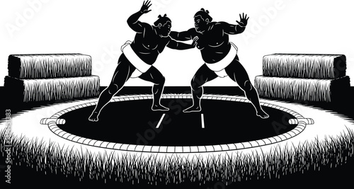 Two sumo wrestlers facing off in a ring with straw bales, sumo wrestling, wrestlers, ring, dohyo, straw bales, hay bales, grass, competition, sport, japan, traditional, black and white, silhouette, ac