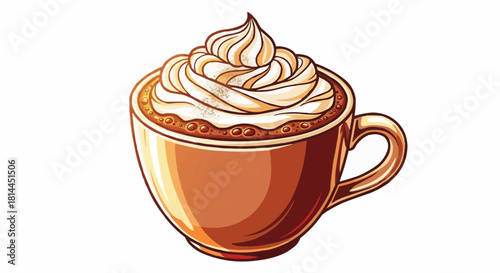 Illustration of a brown coffee cup filled with coffee and topped with whipped cream swirls design