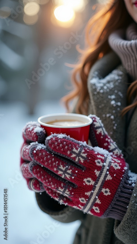 Wallpaper Mural Soft cozy thermos cup in patterned mittens with snowflakes outdoors in winter forest scene Torontodigital.ca