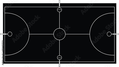 Black and white graphic of a sports field with lines and circles, sports field, game, court, lines, white lines, black background, graphic, illustration, diagram, plan, layout, strategy, competition, 
