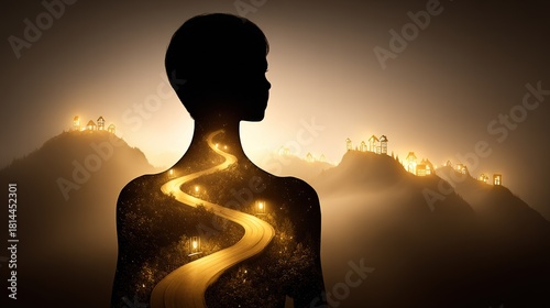Silhouette of person with illuminated pathway and houses at night