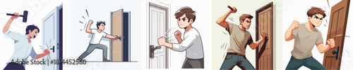 vector of young man breaking down the door