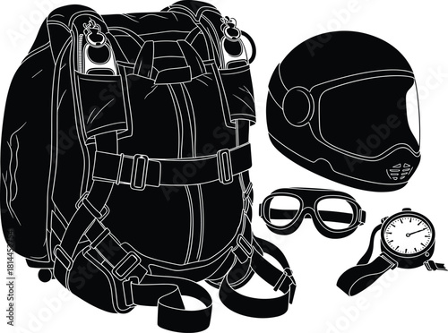 Black illustration of parachute backpack helmet goggles stopwatch, parachute, backpack, helmet, goggles, stopwatch, skydiving, extreme sports, adventure, equipment, gear, black and white, illustration