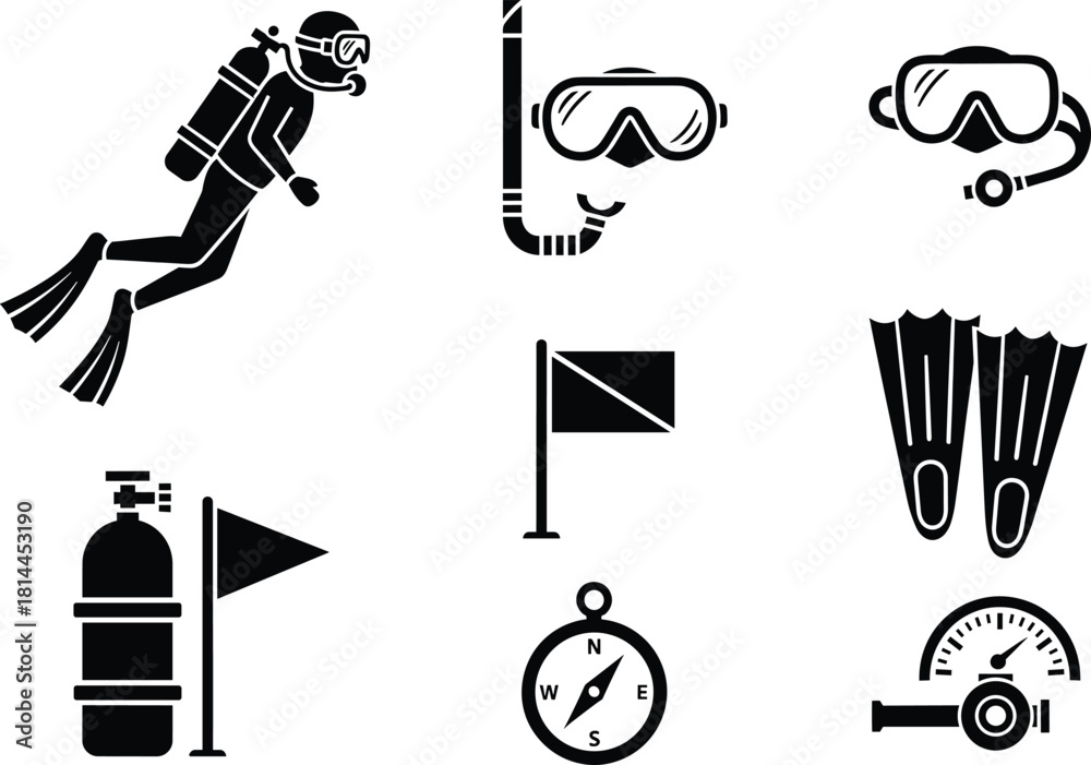Fototapeta premium Black silhouette icons of scuba diving equipment and navigation tools, scuba diver, diving mask, snorkel, fins, scuba tank, flag, compass, pressure gauge, underwater, diving, water sports, recreation,