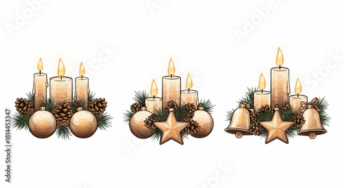 Three christmas candle arrangements with ornaments pinecones stars and bells on a white background scene