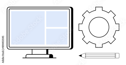 Computer monitor showing grid layout, gear for settings or system, pencil for creativity. Ideal for technology, web design, engineering, brainstorming, innovation, education simple flat metaphor
