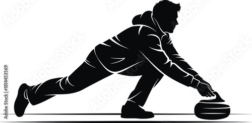 Black silhouette of a man playing curling sport winter, curling, sport, ice, winter, athlete, player, action, motion, silhouette, black and white, graphic, illustration, game, competition, ice sport, 