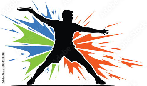 Black silhouette of a man throwing a disc with colorful bursts, disc golf, frisbee, throwing, sport, action, silhouette, man, male, athlete, player, outdoor, activity, recreation, game, competition, d