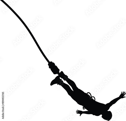 Black silhouette of a person bungee jumping against white, bungee jumping, silhouette, person, jumping, extreme sport, adventure, thrill, action, freedom, speed, motion, dynamic, isolated, white backg