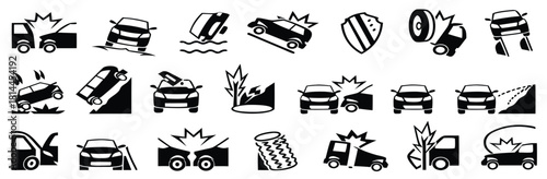 Car accident icon collection in solid black style. Crash and damage symbols for insurance, safety, and transport concepts
