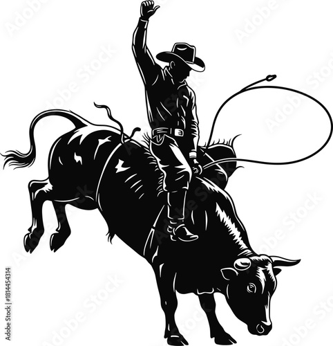 Black silhouette of cowboy riding bucking bull with lasso, cowboy, bull riding, rodeo, silhouette, black and white, bucking bull, lasso, western, sport, action, wild west, ranch, cowboy hat, boots, je