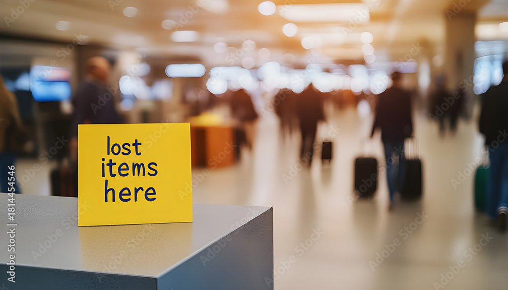 Fototapeta premium Yellow sign reads lost items here placed in busy airport terminal. People travel with luggage, catch flights, and pass by information desk