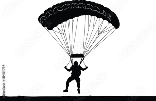 Black silhouette of skydiver descending with parachute, skydiver, parachute, skydiving, freefall, sport, extreme sport, adventure, aerial, descent, falling, jumping, person, silhouette, black and whit