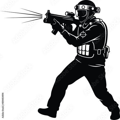 Black silhouette of soldier firing rifle with muzzle flash, soldier, military, weapon, rifle, gun, shooting, firing, action, combat, warrior, silhouette, black and white, graphic, illustration, vector