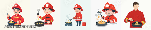 firefighter frying potatoes vector