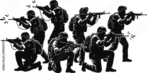Black silhouette soldiers firing assault rifles in various poses, soldier, military, army, weapon, rifle, assault rifle, shooting, firing, action, combat, tactical, gear, helmet, backpack, black and w