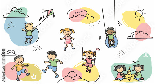 Set of line art illustrations featuring happy children playing outdoors: flying a kite, playing soccer, swinging, and building a sandcastle. Ideal for childhood and education themes.