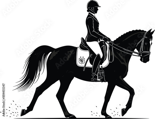 Black silhouette of woman riding horse in equestrian competition, horse, rider, woman, silhouette, black and white, equestrian, competition, riding, saddle, bridle, helmet, jacket, pants, boots, horse