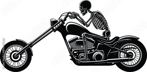 Black skeleton riding a chopper motorcycle biker, skeleton, motorcycle, chopper, biker, riding, black and white, graphic, illustration, death, skull, bones, skeletal, vehicle, transport, freedom, rebe