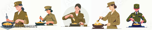 vector of female soldier frying potatoes