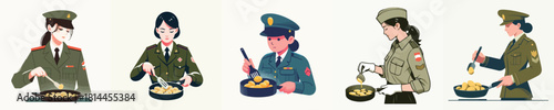 vector of female soldier frying potatoes